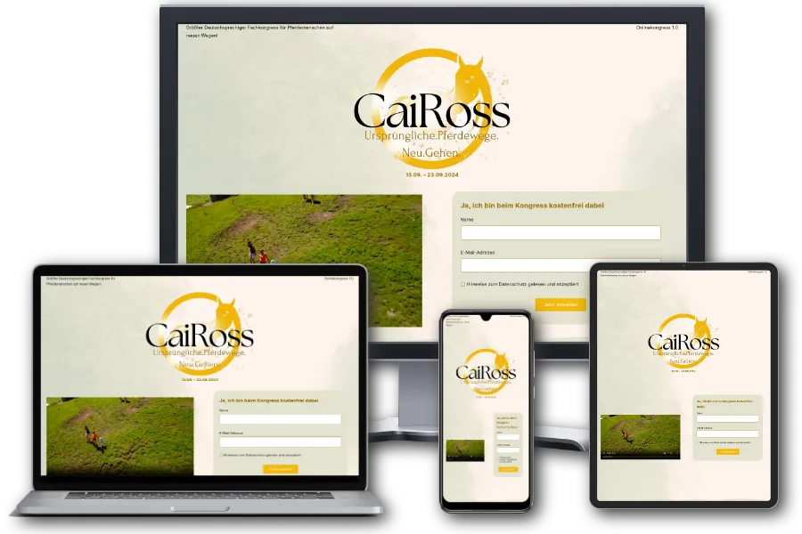 CaiRoss Kongresswebseite auf Desktop, Tablet und Smartphone mit goldenem Farbschema