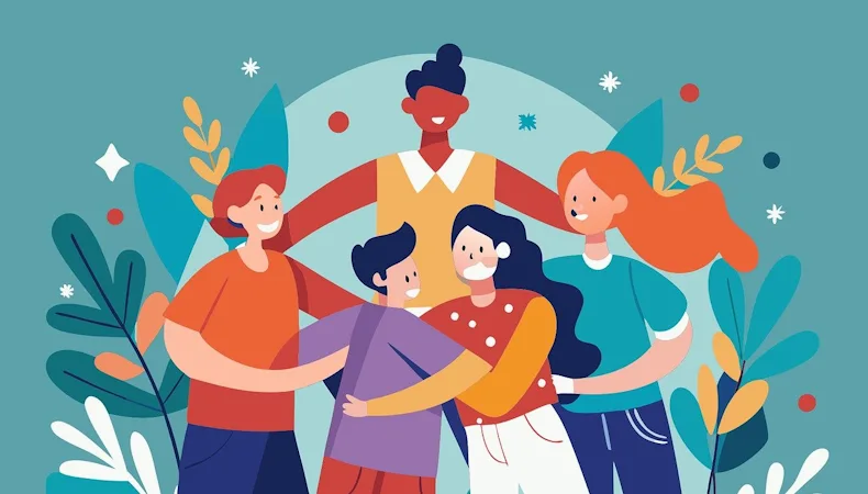 Illustration von fünf Menschen unterschiedlicher Ethnien in bunten Kleidungsstücken mit Pflanzen