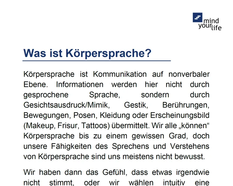 Screenshot zur Definition von Körpersprache mit Text und mind yourlife Logo