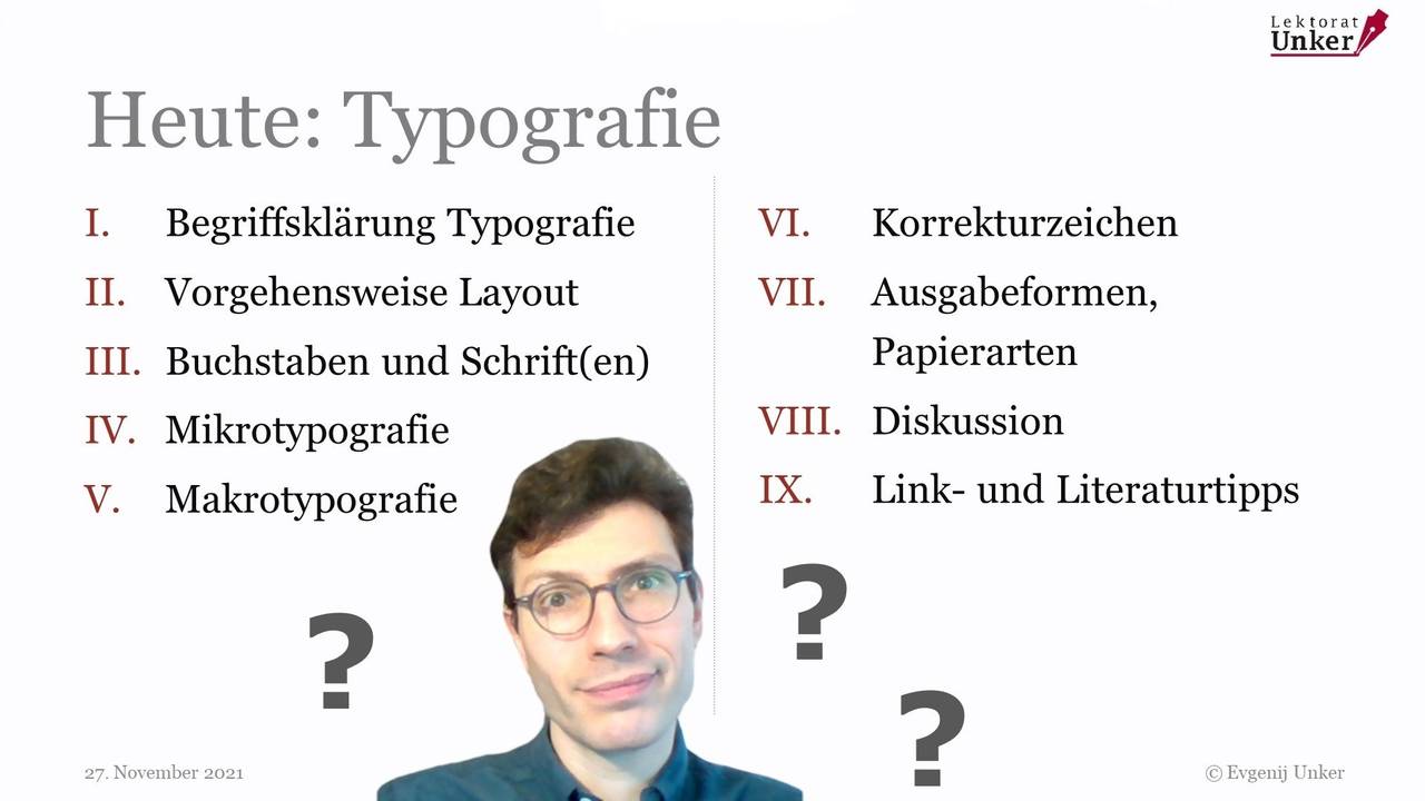 Seminarfolien-Screenshot zu Typografie mit Evgenij Unker, Agenda und Lektorat Unker Logo