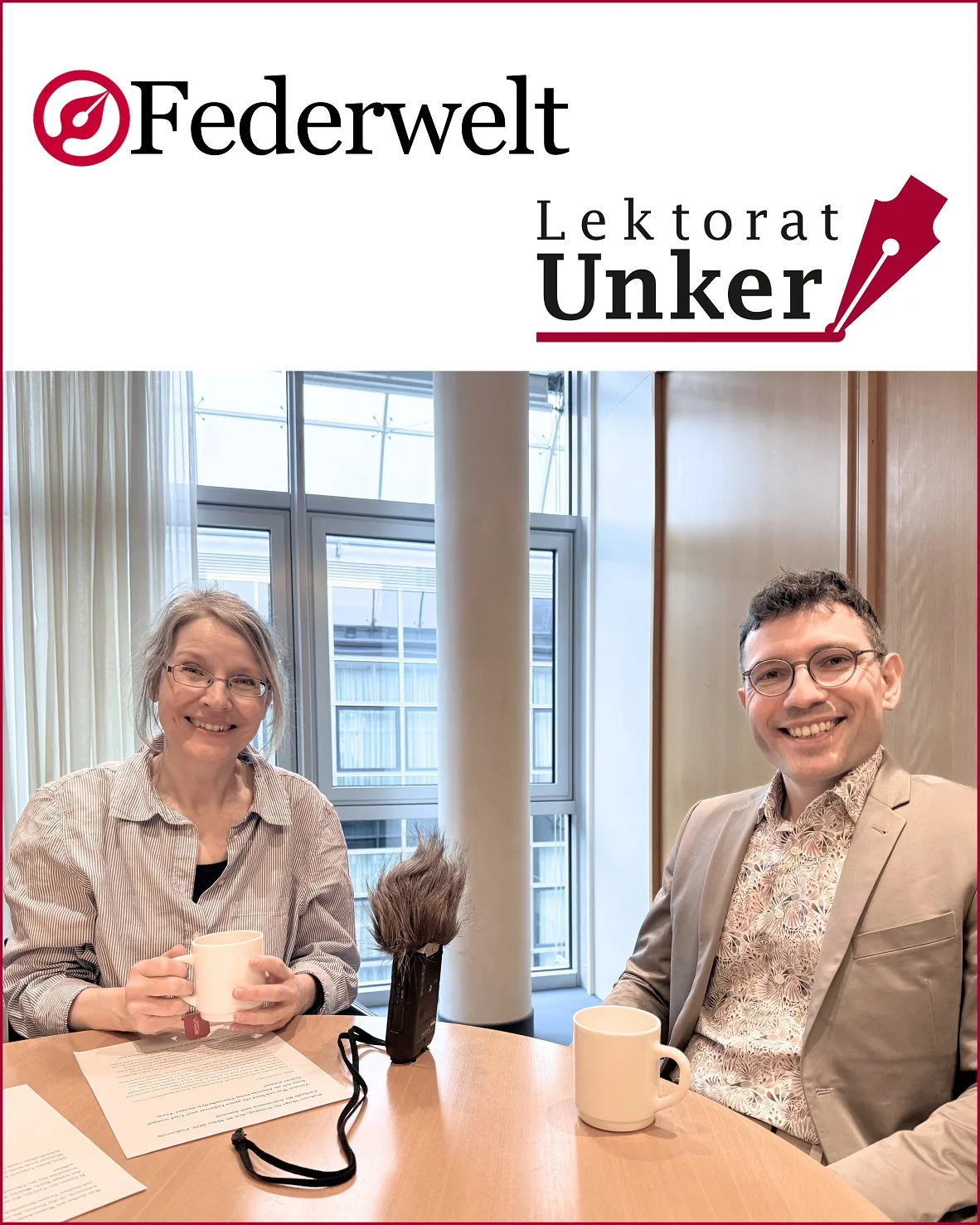 Evgenij Unker und Anke Gasch beim Federwelt Podcast Interview mit Logos
