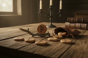 Runensteine auf Holztisch: Runen in Lederbeutel, Kerzenlicht, alte Bücher, mystische Atmosphäre