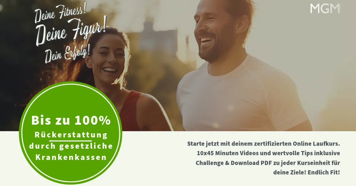 Hero-Banner mit zwei lachenden Läufern, grüner Kreis mit Text zur Kostenerstattung durch Krankenkassen