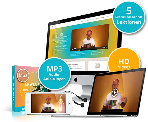 Kraftquellen Online Training – Videokurs zur Körperarbeit 4 Mockup des Online-Trainings mit Computer, Smartphone und Tablet, MP3 Audio-Anleitungen, HD Videos
