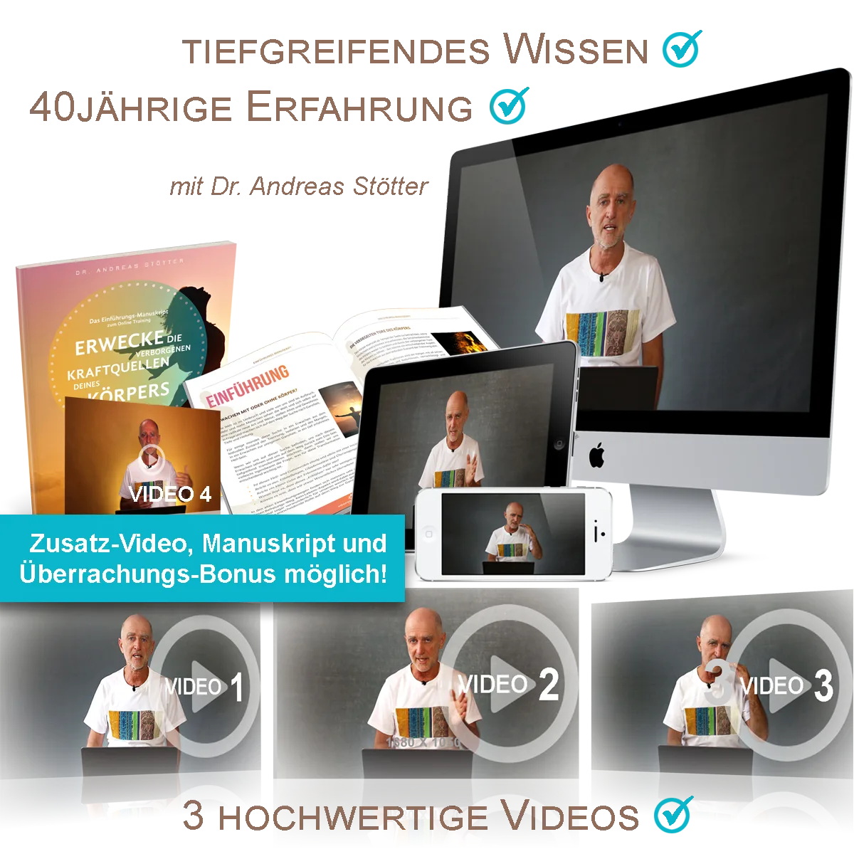 Kraftquellen Online Training – Videokurs zur Körperarbeit 10 Verkaufsseite mit Dr. Andreas Stötter, Bild von Videokurs auf verschiedenen Geräten, Buch und Unterlagen