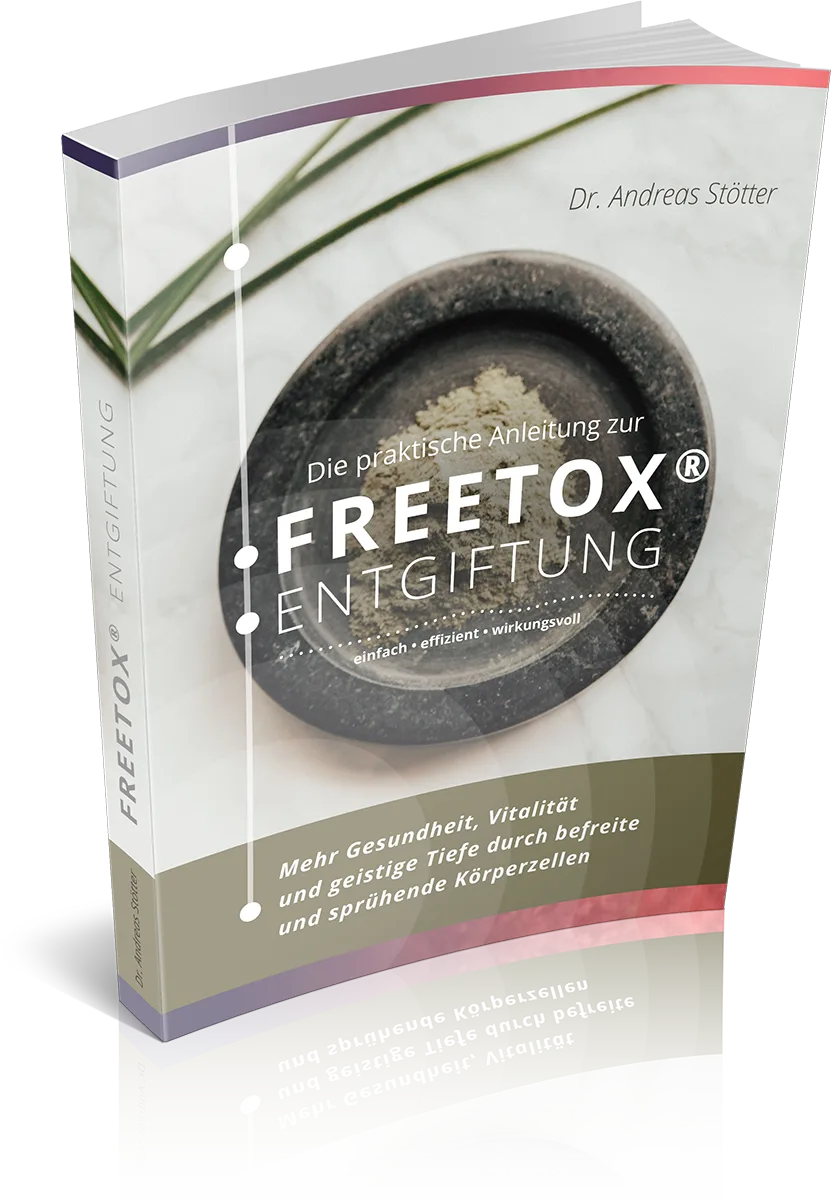Kraftquellen Online Training – Videokurs zur Körperarbeit 1 3D-Buchcover "Die praktische Anleitung zur FREETOX ENTGIFTUNG" von Dr. Andreas Stötter