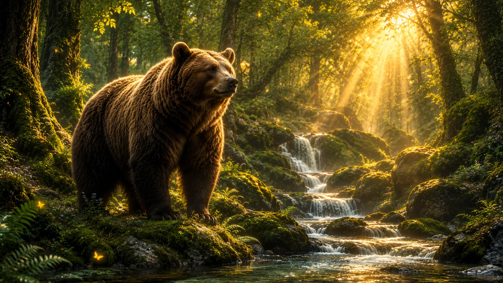 Krafttier Bär – Geführte Meditation für Erdung von Daniela Starke 3 Braunbär in moosbewachsenem Wald mit Wasserfall und goldenem Sonnenlicht