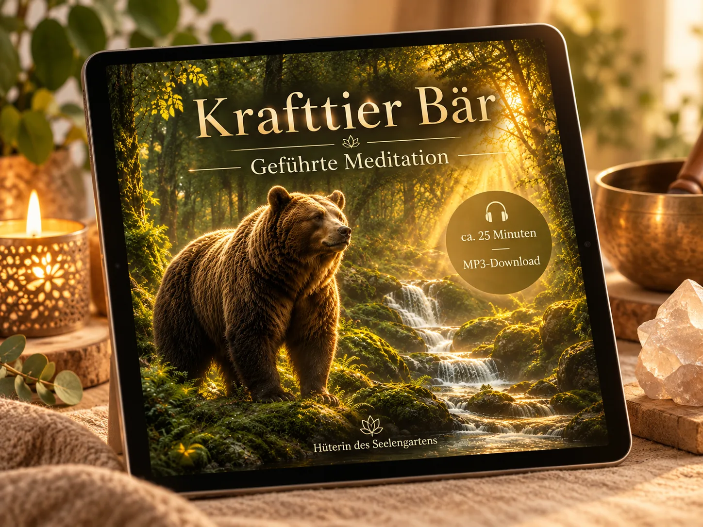 Krafttier Bär – Geführte Meditation für Erdung von Daniela Starke 2 Tablet-Mockup der Krafttier Bär Meditation mit Braunbär im goldenen Wald