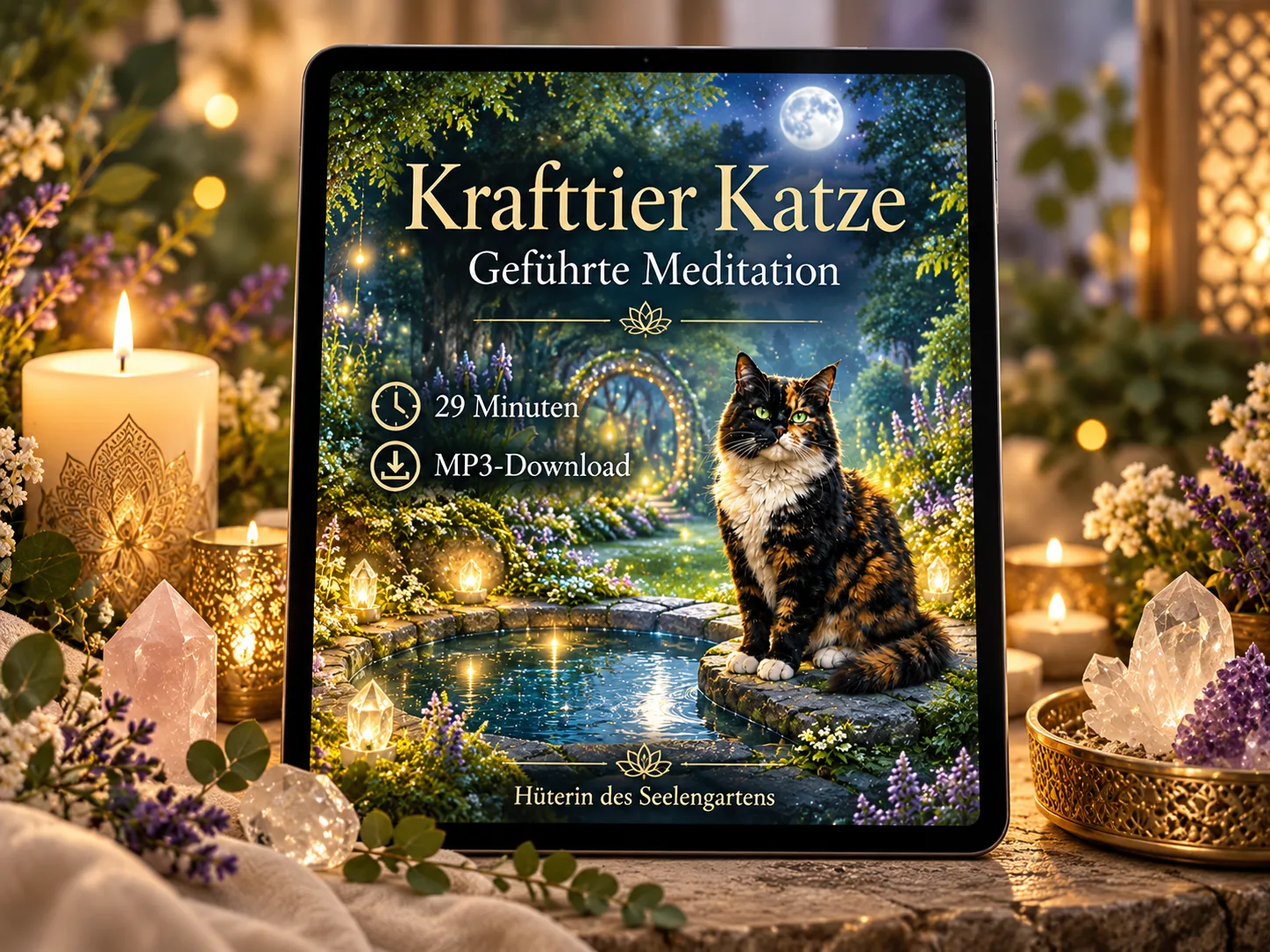 Tablet-Mockup der Krafttier Katze Meditation mit 29 Minuten Laufzeit und MP3-Download