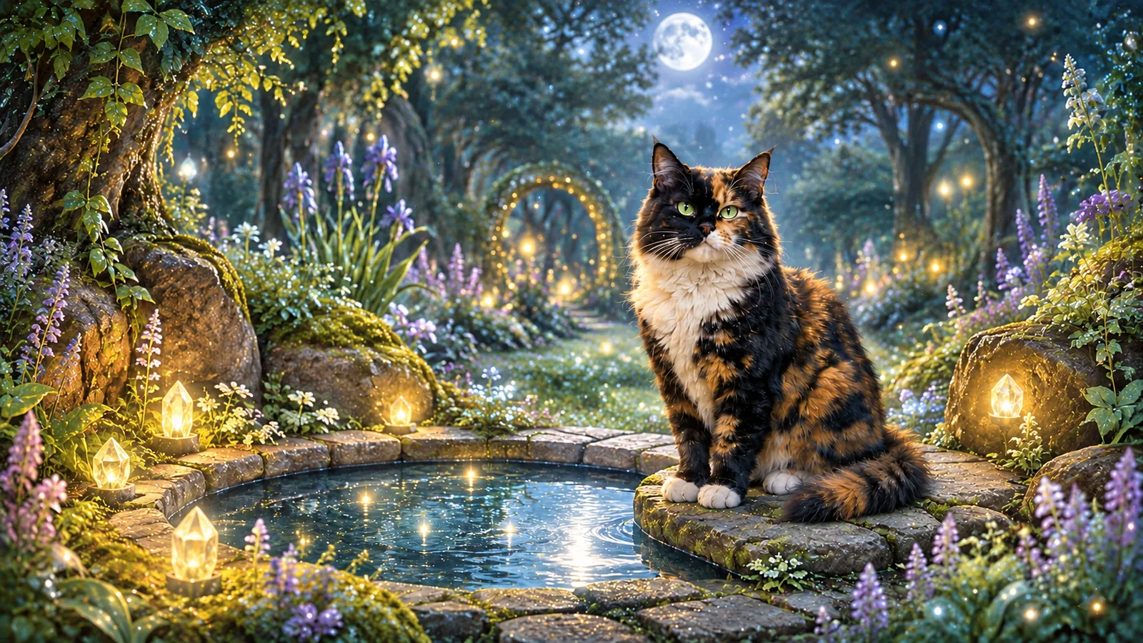 Krafttier Katze Meditation – dreifarbige Katze in magischem Mondgarten mit leuchtenden Kristallen