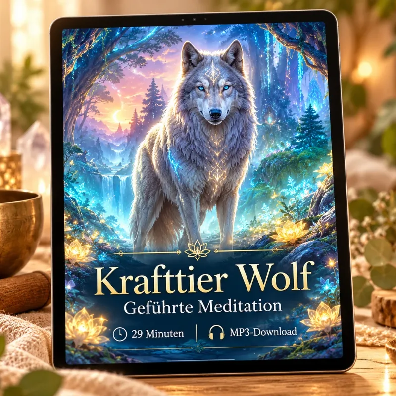 Tablet-Mockup: Krafttier Wolf Meditation, 29 Minuten, MP3-Download mit Wolf im Wald