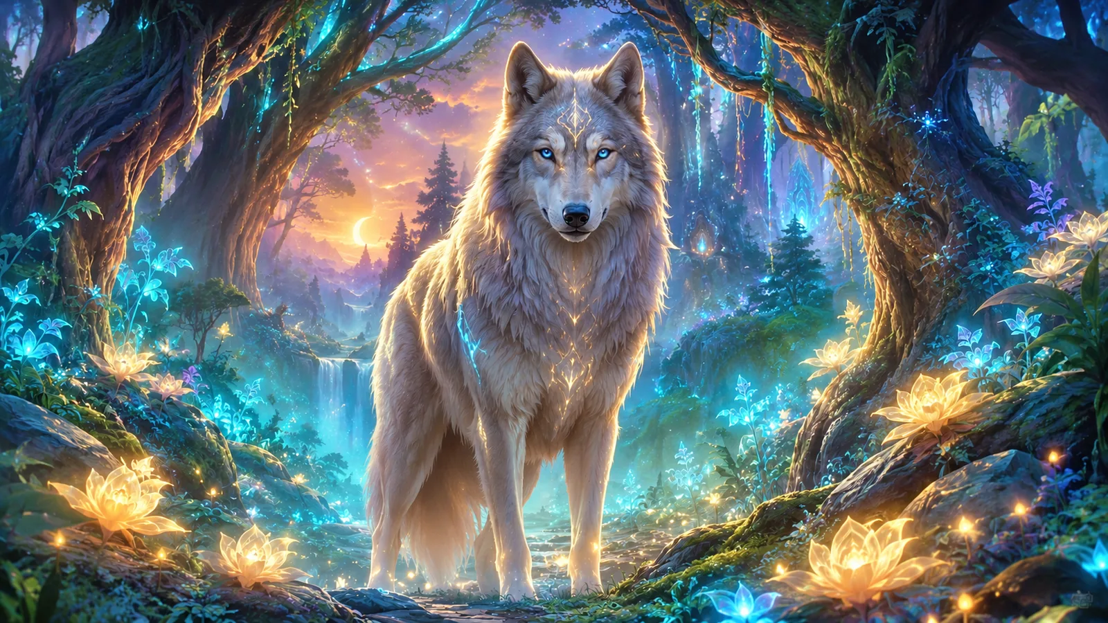 Silbergrauer Wolf mit leuchtend blauen Augen in magischem Wald mit goldenen und blauen Blüten