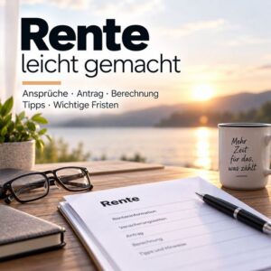 Ratgeber Rente leicht gemacht Cover mit Sonnenaufgang und Seeufer