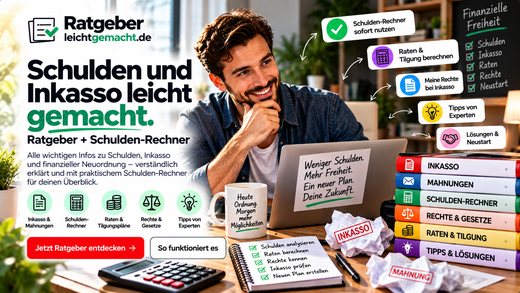 Ratgeber Schulden und Inkasso mit Schulden-Rechner und Mann am Schreibtisch