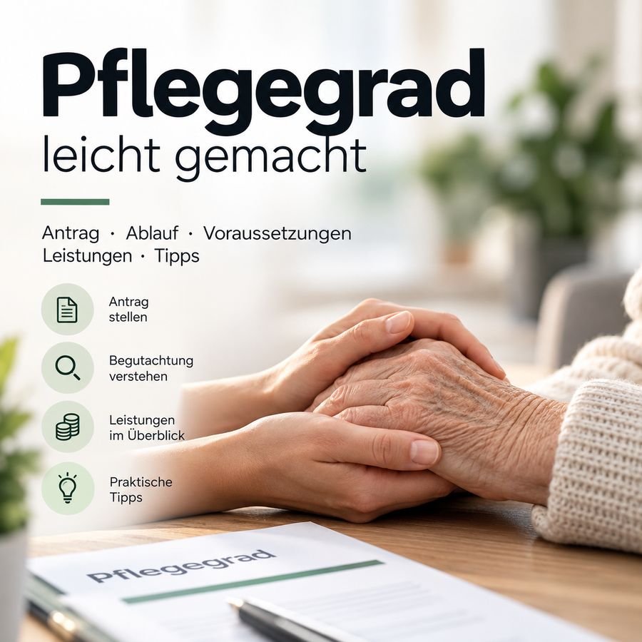 Hero-Bild Ratgeber Pflegegrad mit Händen und Überschrift