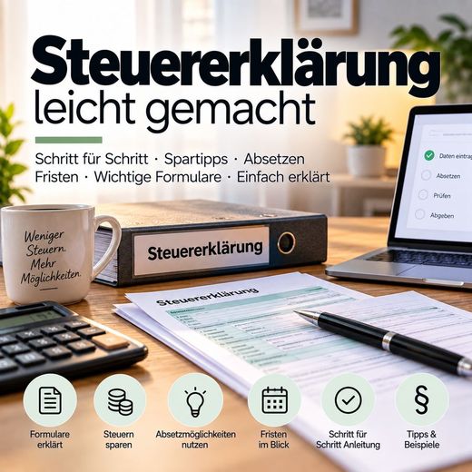 Ratgeber Steuererklärung mit Formular, Tasse und Laptop