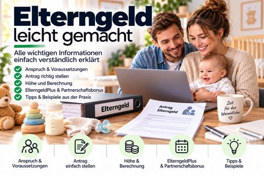 Ratgeber Elterngeld mit Familie am Laptop und Antrag-Unterlagen
