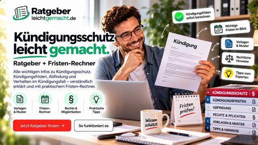 Ratgeber Kündigungsschutz mit Fristen-Rechner und Mann mit Unterlagen