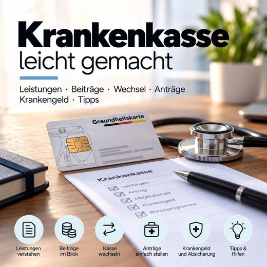 Ratgeber-Cover Krankenkasse leicht gemacht mit Gesundheitskarte und Stethoskop
