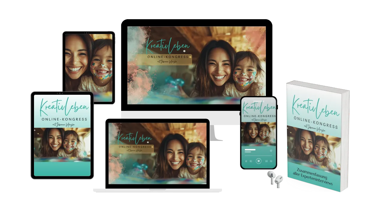 Mockup des KreativLeben Premium-Pakets mit Laptop, Tablet, Smartphone, E-Book und Kopfhörern