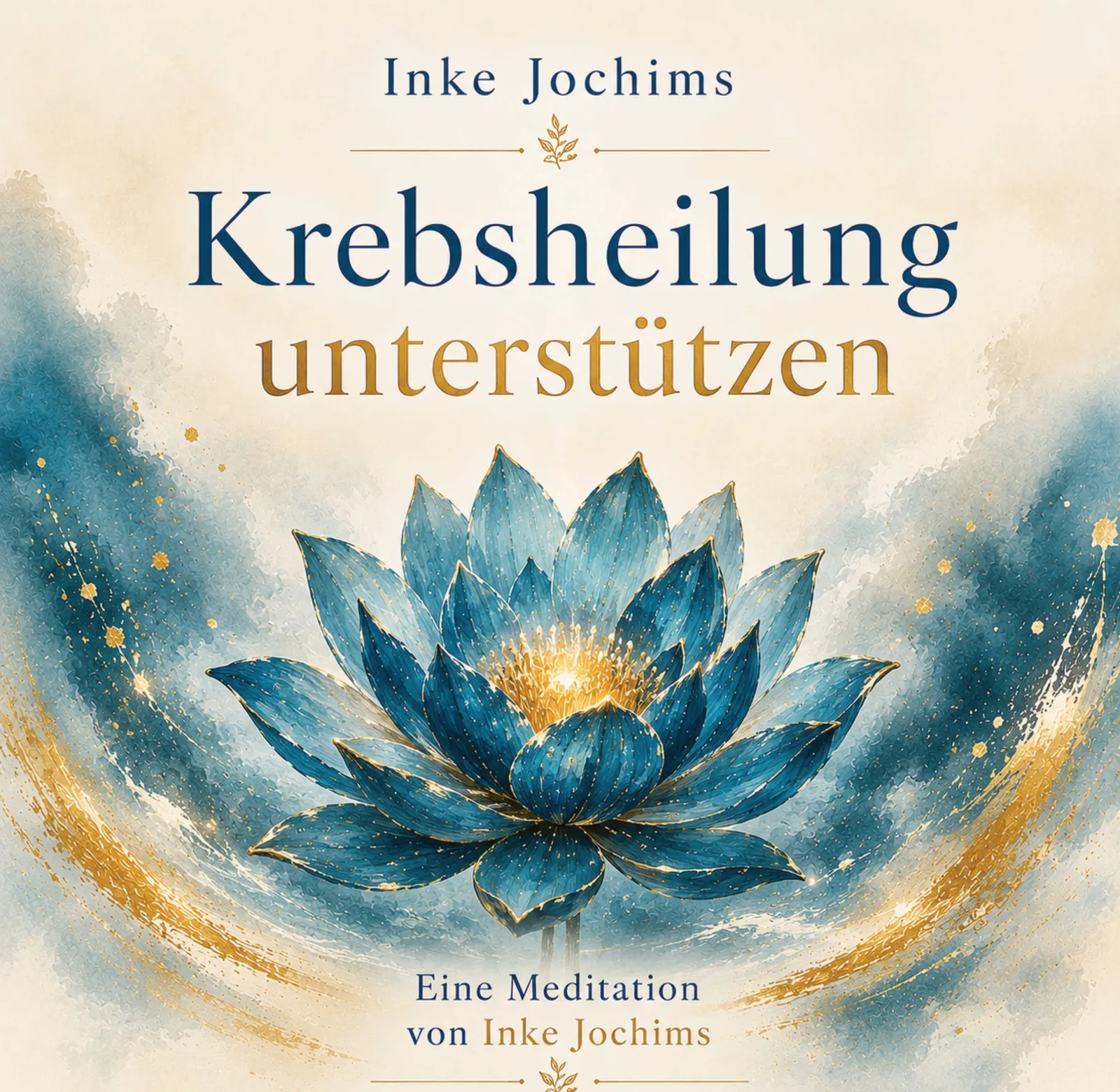 Meditationscover mit blauer Lotusblüte und goldenem Licht, Krebsheilung unterstützen