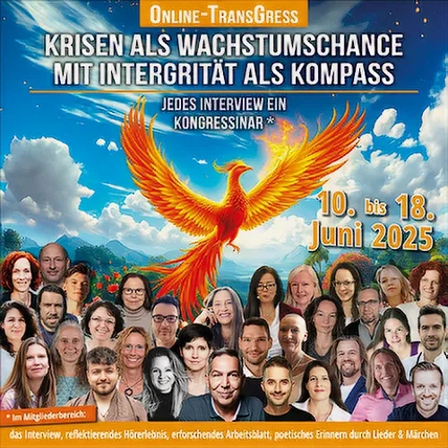 Kongress-Banner mit rotem Phönix, Text Krisen als Wachstumschance, Datum 10.-18. Juni 2025, Gruppe von Kongressreferenten