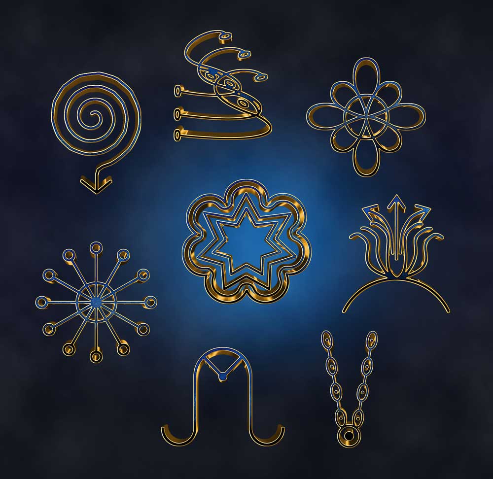 Neun gold-blau schimmernde Kristall-Symbole auf dunklem blauem Hintergrund mit Lichteffekten