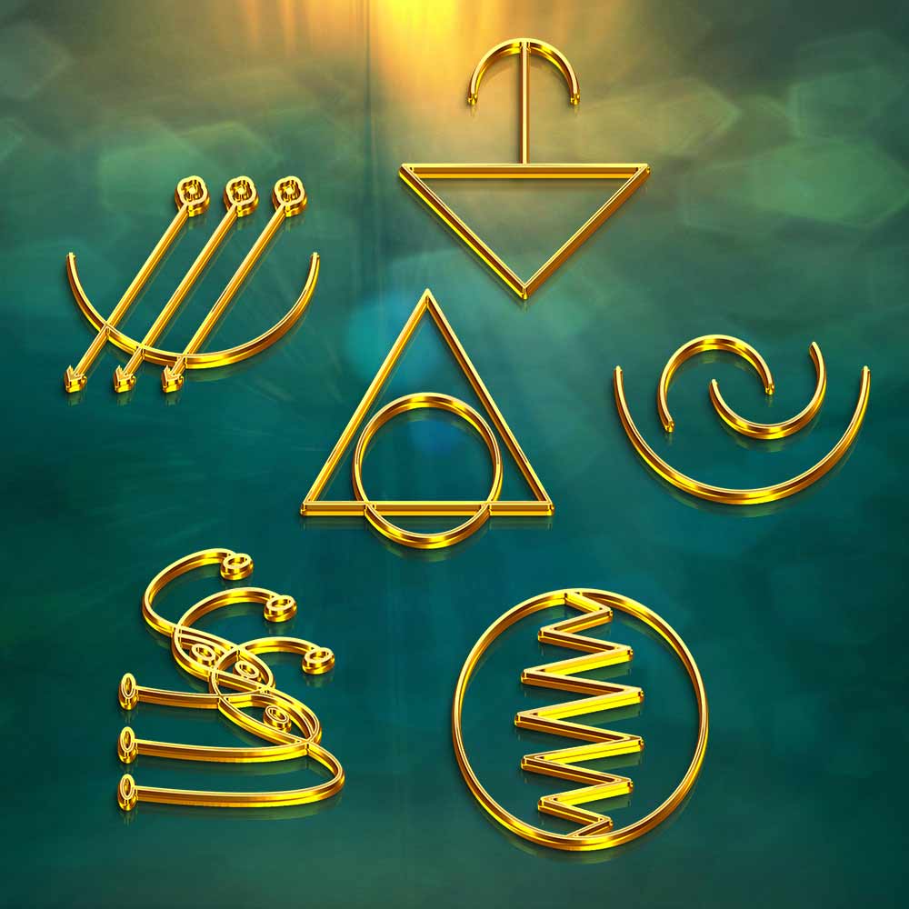 Sechs gold-glänzende Kristall-Symbole auf grün-gelbem Hintergrund mit mystischen Formen