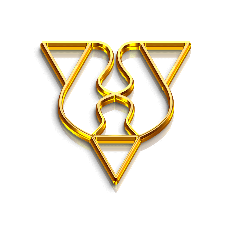 ELISES: Goldenes Kristall-Symbol mit Dreiecken und Wellen auf weißem Hintergrund mit 3D-Effekt