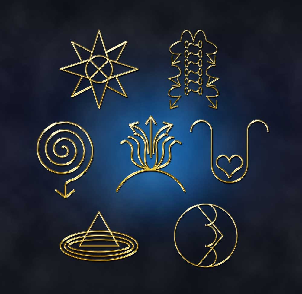Acht gold-glänzende Kristall-Symbole auf dunklem blauem Hintergrund mit eleganten geometrischen Formen