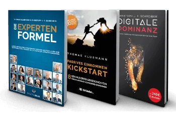 Drei kostenlose Fachbücher nebeneinander: Formel, Kickstart und Digitale Dominanz