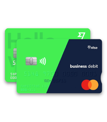 Wise Kreditkarten in Grün und Dunkelblau mit Mastercard-Logo