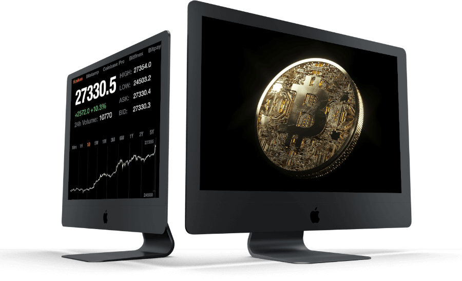 Zwei iMac-Monitore zeigen Bitcoin-Kurschart und goldene Bitcoin-Münze