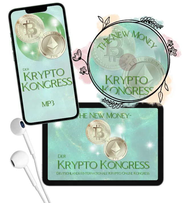 Der Krypto Kongress MP3 und Video Bundle mit Smartphone, Kopfhörer und dekorativen Elementen