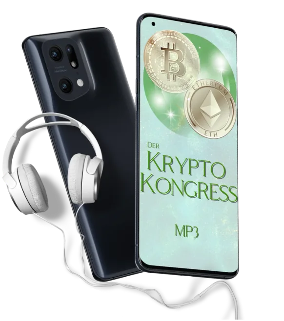 Der Krypto Kongress MP3 mit Smartphone und Kopfhörer in grün-türkis Design