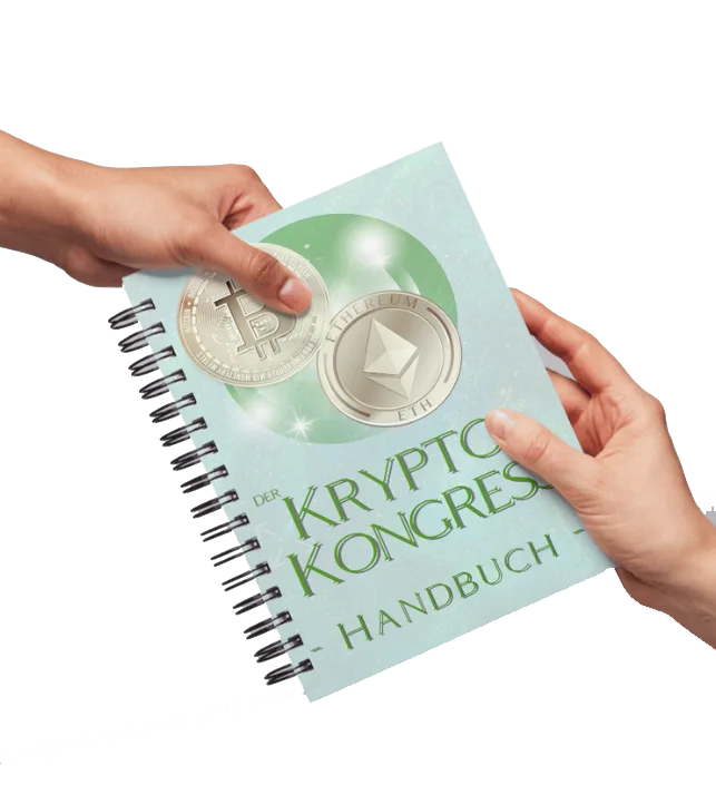 Der Krypto Kongress Handbuch als Spiralbuch in Händen mit Kryptowährungs-Design