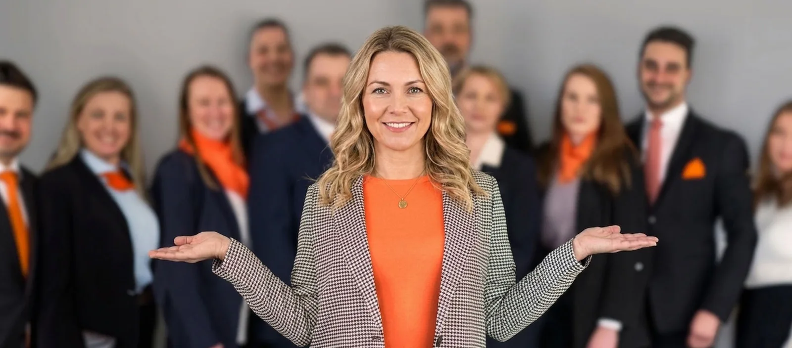 Frau mit blondem Haar in orangefarbenem Oberteil und Hahnentrittmuster-Blazer vor verschwommenem Team im Hintergrund