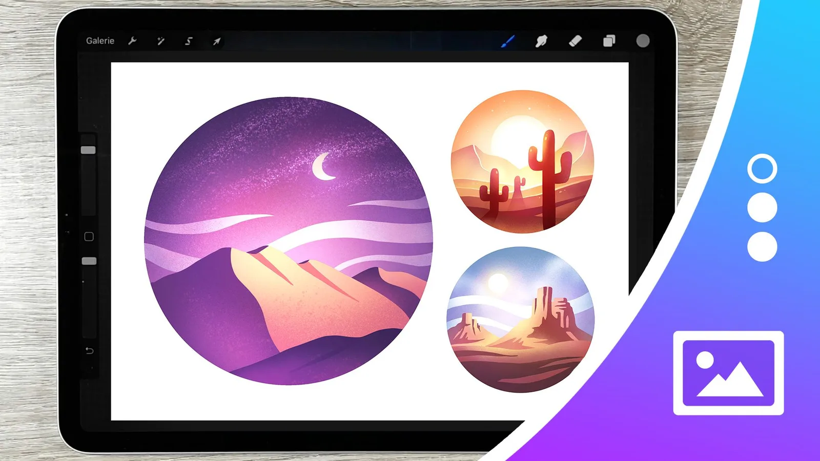 Hero-Bild zum Kurs Landschaften digital malen: Tablet mit Vektor-Landschaften im Nachtstil, daneben drei kleinere Landschafts