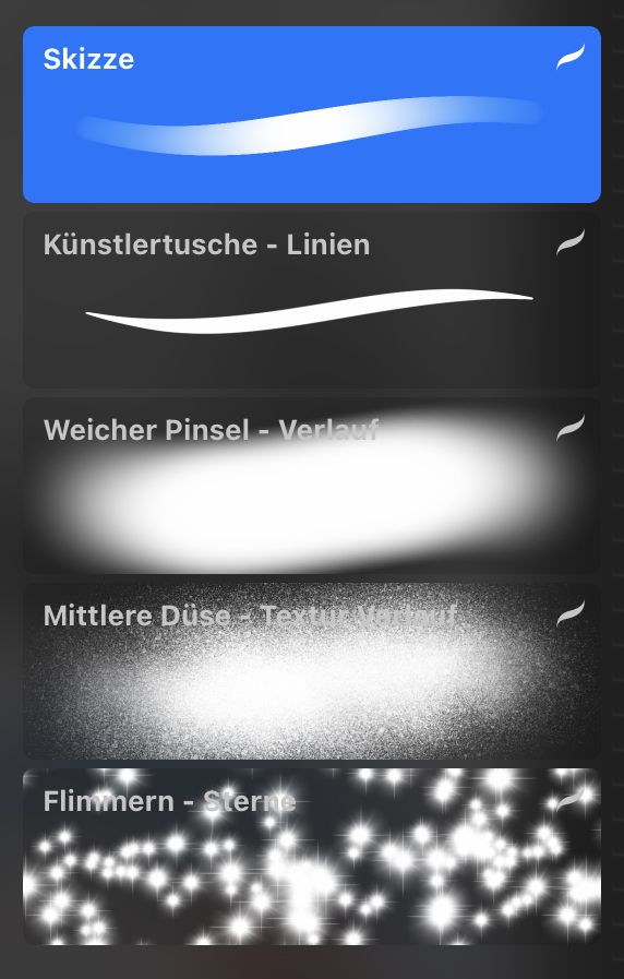 Pinsel-Effekte-Übersicht: Skizze, Künstlertusche Linien, Weicher Pinsel Verlauf, Mittlere Düse Textur, Flinmern Sterne