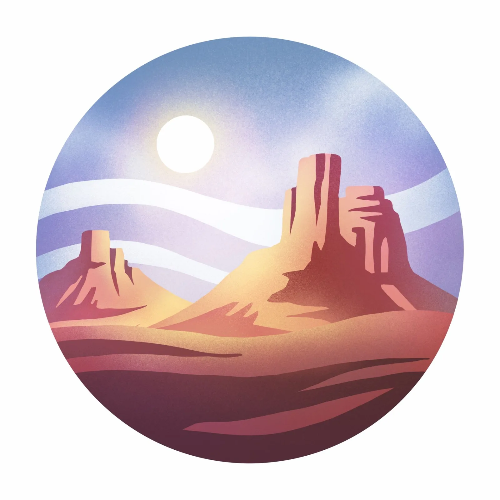 Digitale Landschaftsillustration mit Tafelbergen im Kreis-Format