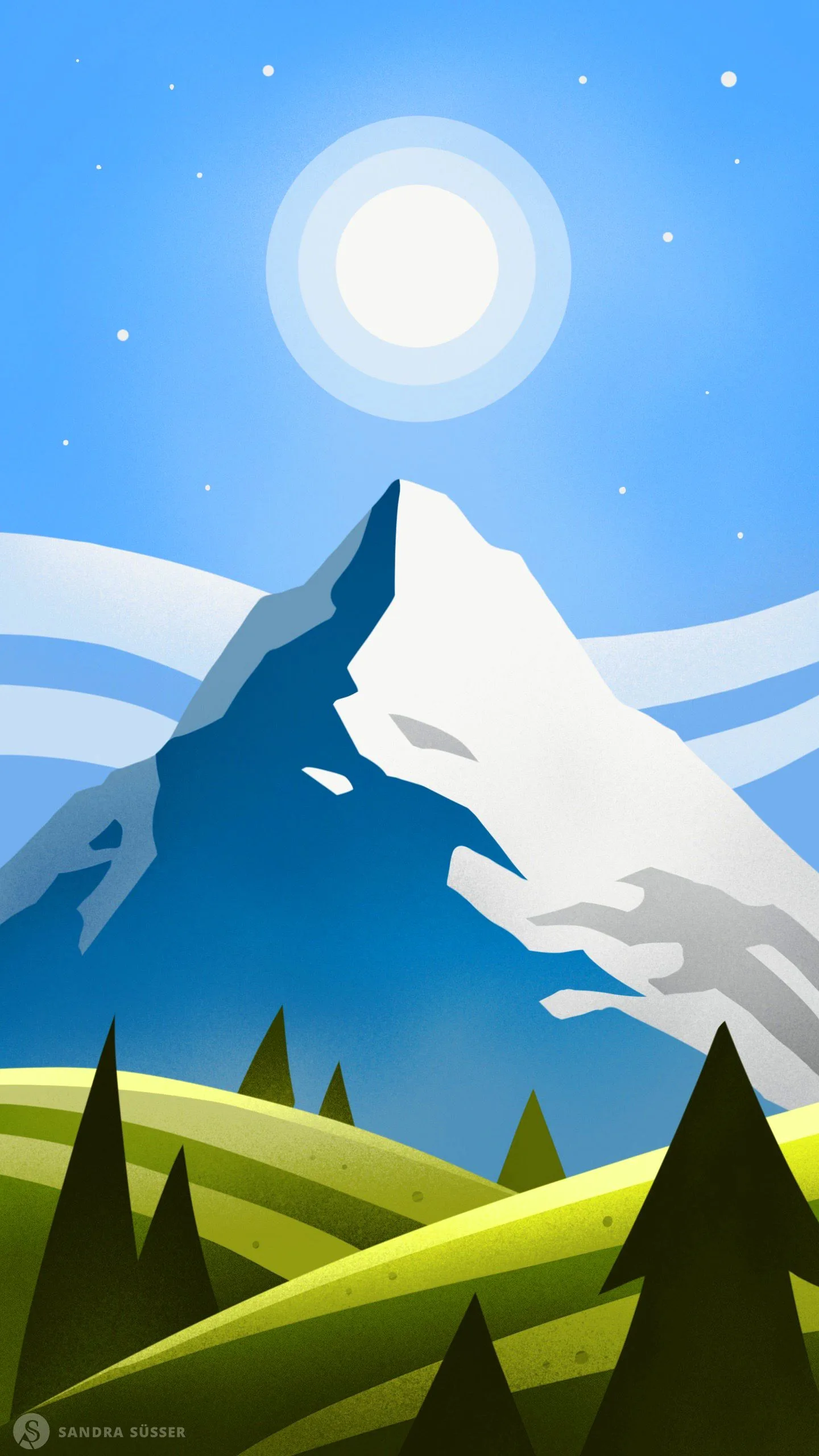 Digitale Berglandschaft mit Schnee, Mond und Wald im Hochformat
