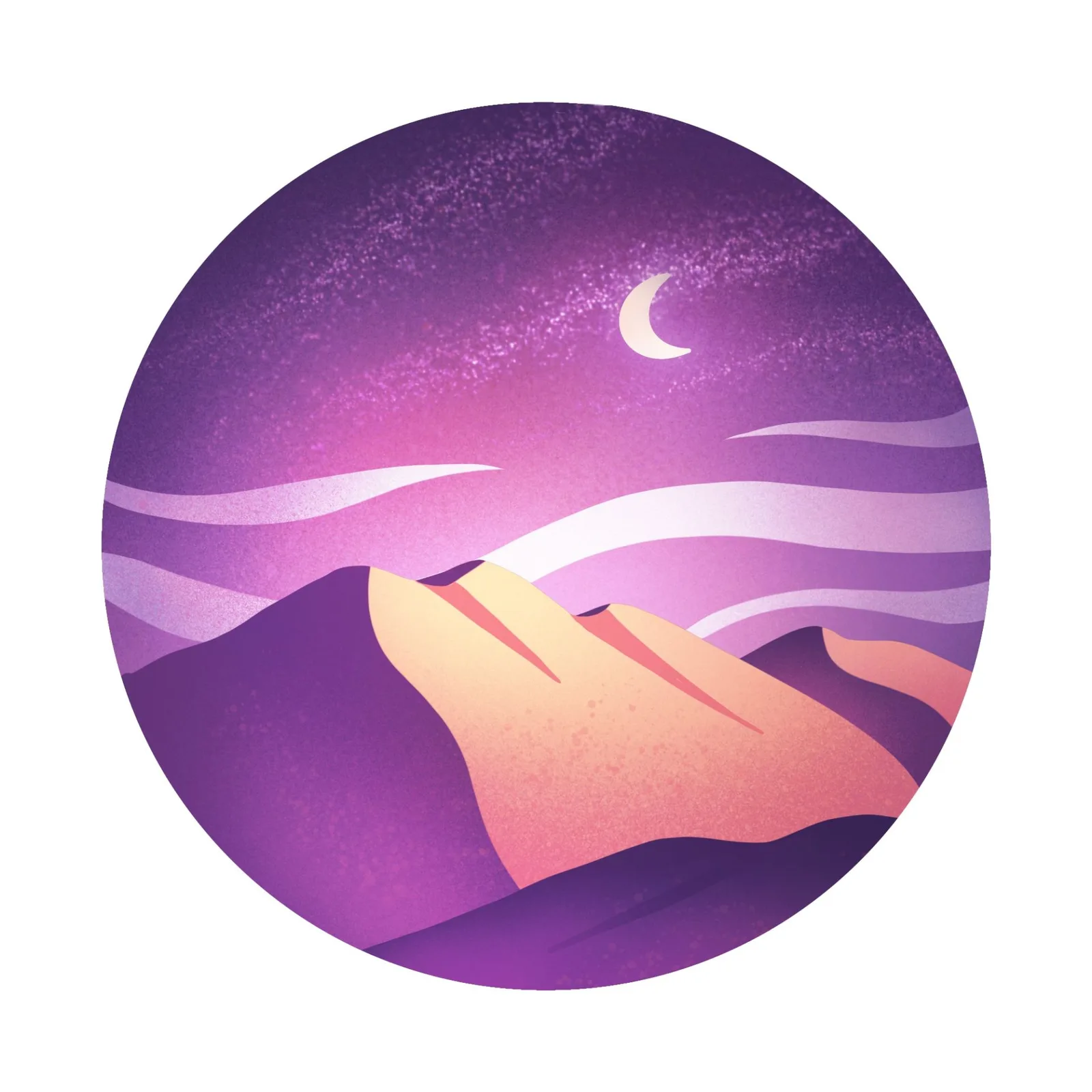 Nachtwüste mit Mond, Sanddünen und Himmel im Kreis-Format