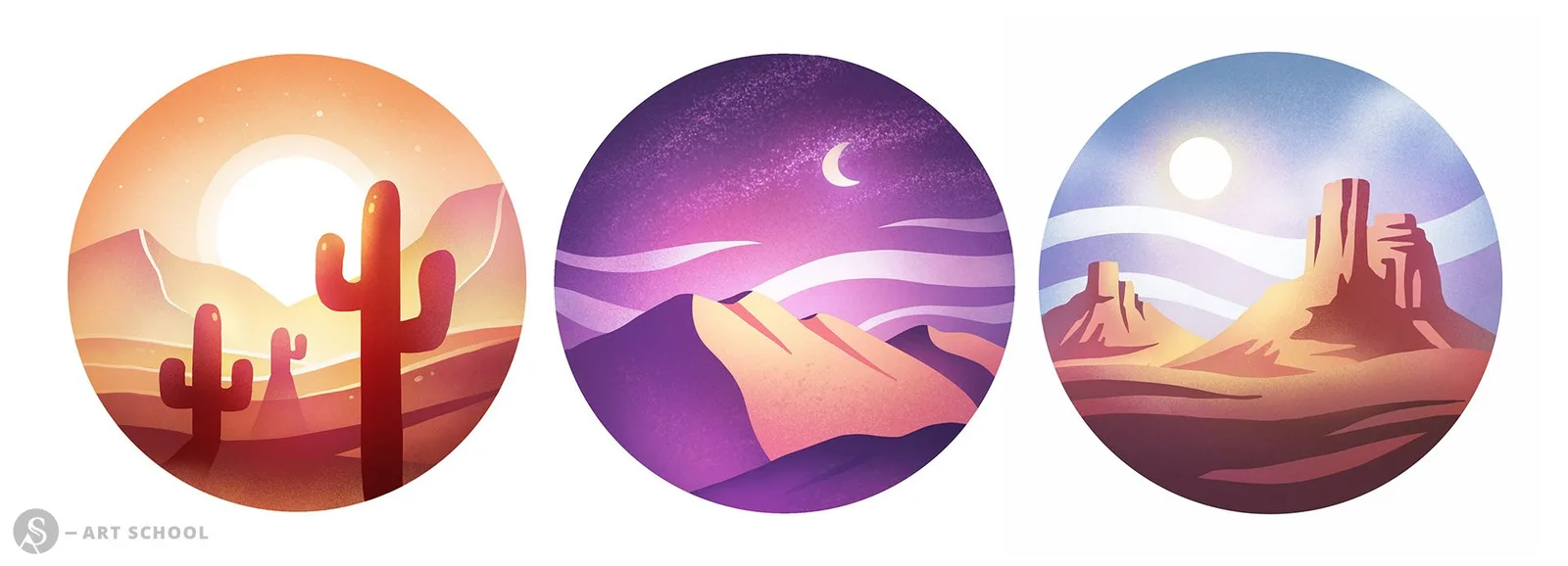 Drei Landschaftsillustrationen mit Wüste, Nacht und Tafelbergen