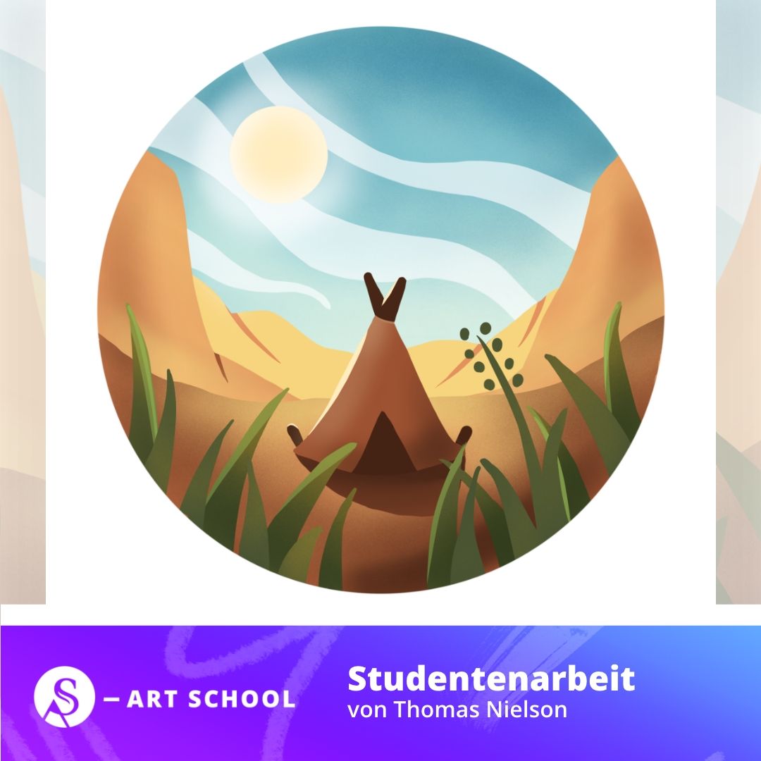 Digitale Illustration einer Wüstenszene mit Tipi, Sonne und Grasland in Pastellfarben
