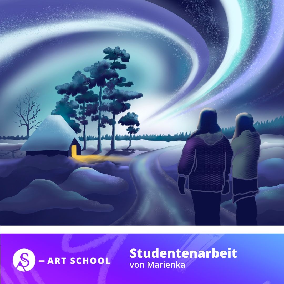 Digitale Illustration einer Winterlandschaft mit Aurora Borealis, zwei Personen und beleuchteter Hütte