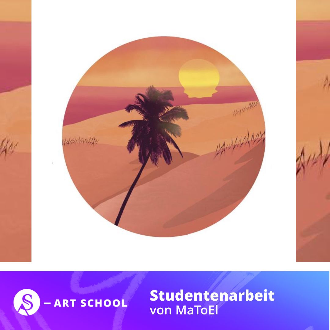 Digitale Illustration einer Wüstenlandschaft mit Palme bei Sonnenuntergang in Warm- und Orangetönen