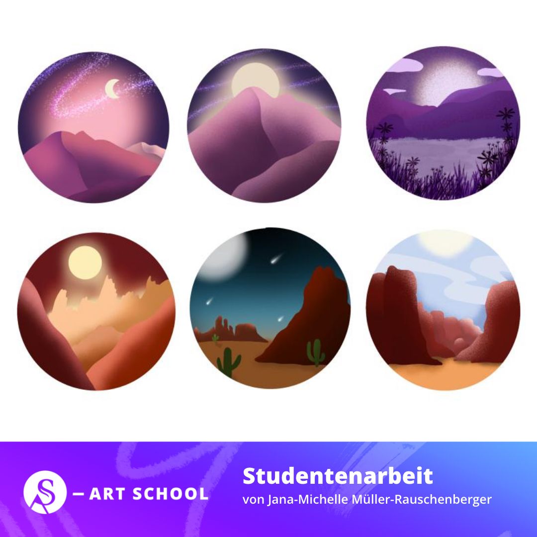 Sechs digitale Illustrationen verschiedener Landschaften: Berge nachts, Mondnacht, See, Canyon, Wüste mit Kakteen