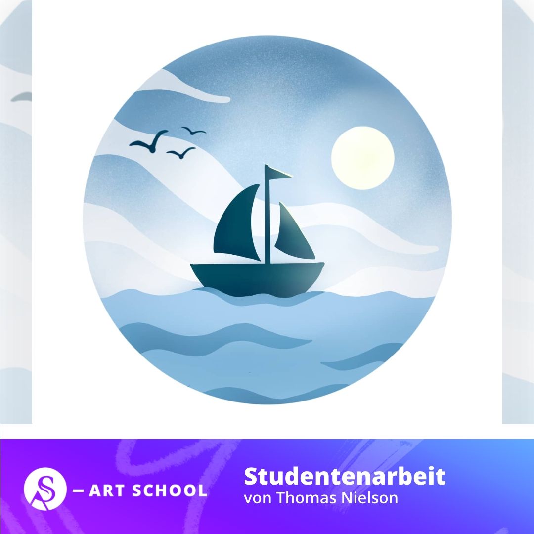 Digitale Illustration eines Segelboots auf Wellen mit Sonne und Möwen in Blautönen