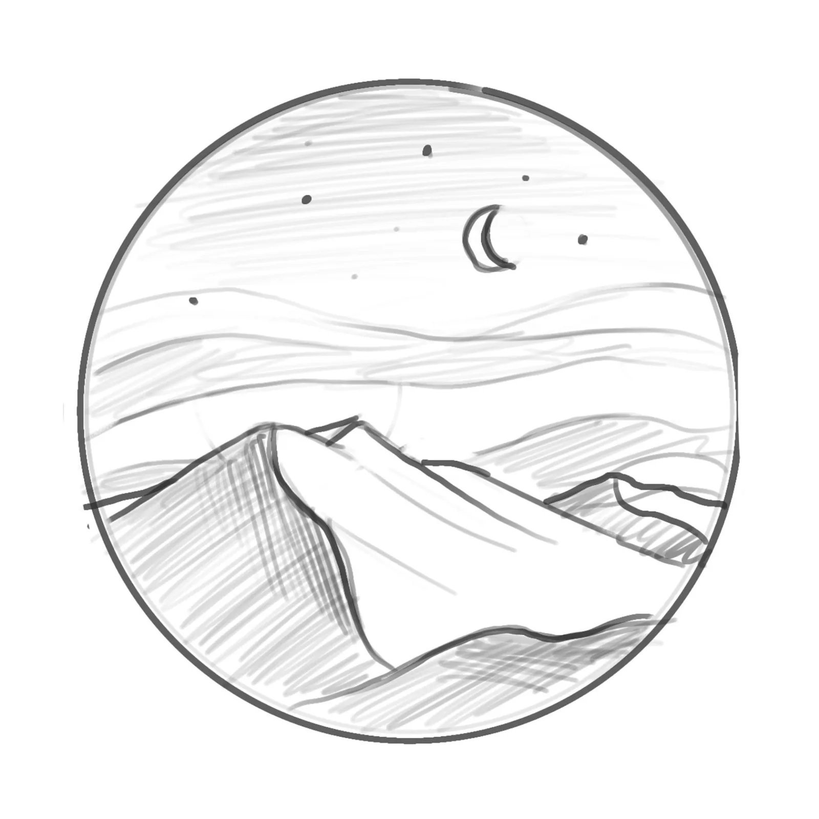 Schwarz-Weiß-Skizze: Berglandschaft mit Mond und Sternen in Kreisrahmen, Schraffur-Technik, Zeichenbeispiel