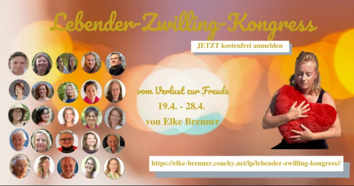 Lebender-Zwilling-Kongress Anmeldebanner mit Datum und Elke Brenner Foto